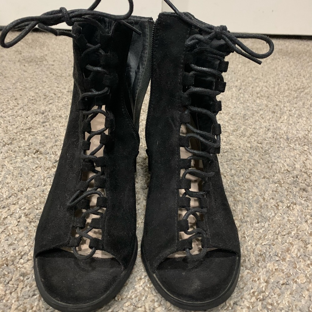 Black lace up peep toe bootie